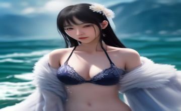 泳装主题巨乳美女写真户外海边拍摄，蓝天白云背景，高饱和度夏日色调，模特自然笑容